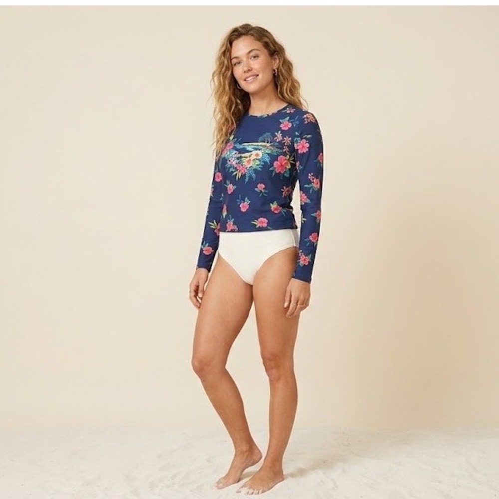 Lands' End Women's Large (14-16) Tropical Hibiscus Rash Guard  Navy Blue